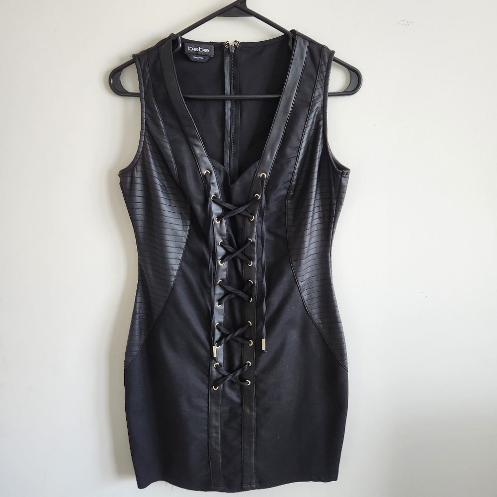 Bebe Bodycon Black Dress with Lace-Up Front & Vegan Leather Side Panels, Size M
